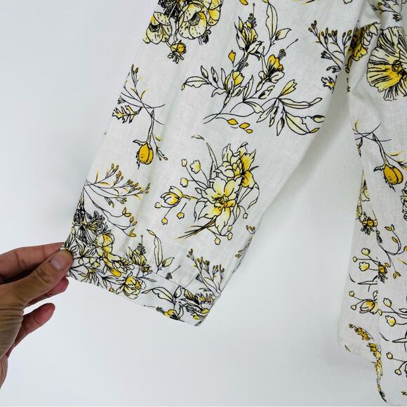 Vintage white yellow black linen floral cottagecore button top jacket medium - Picture 4 of 8